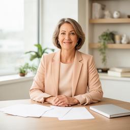 Dr. Anna Meier in einem hellen Beratungsraum mit Unterlagen zur Finanzplanung